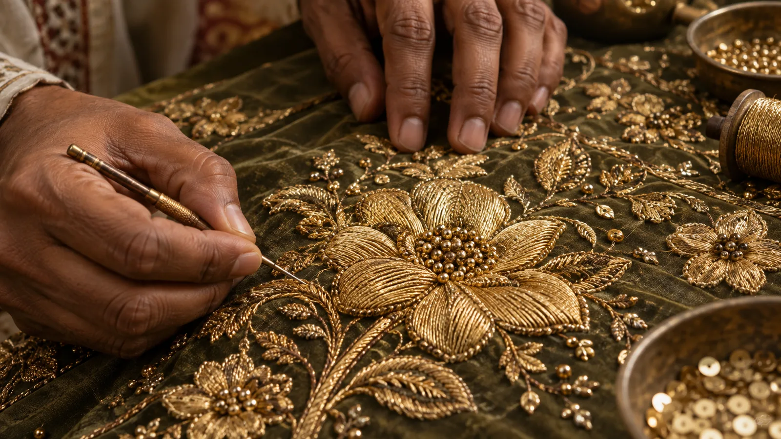 Skilled hands stitching gold zardozi flowers onto olive silk