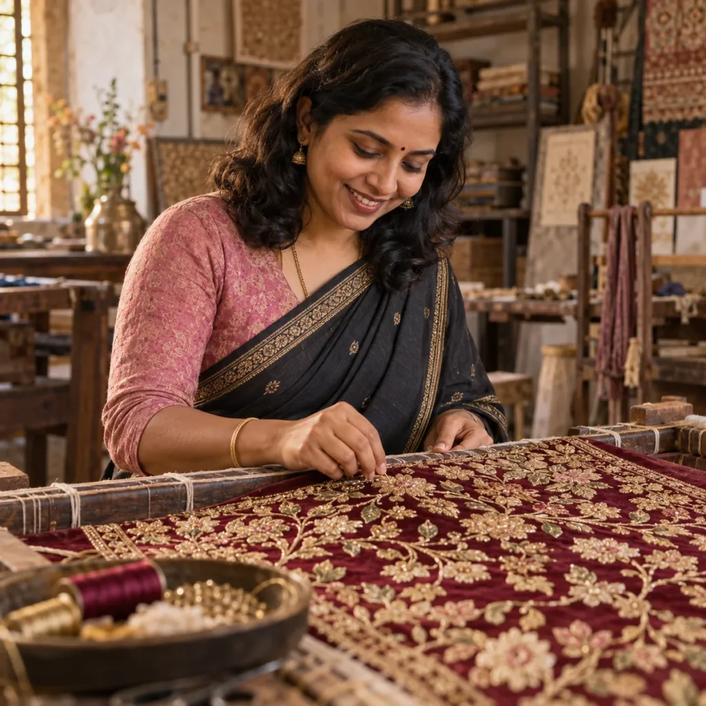 Indian designer hand-embroidering a maroon and gold textile