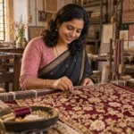 Indian designer hand-embroidering a maroon and gold textile