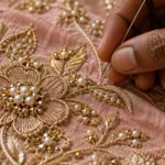 Artisan embellishing blush silk with gold floral embroidery