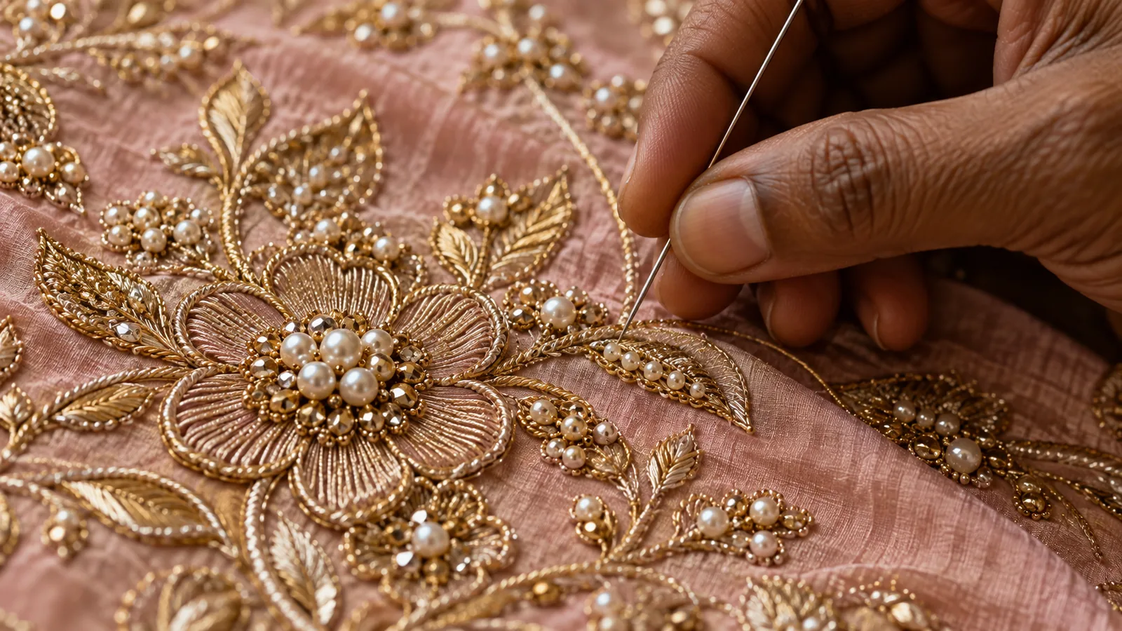 Artisan embellishing blush silk with gold floral embroidery