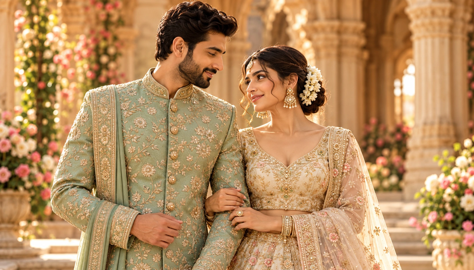 Couple in coordinated sage and ivory wedding outfits