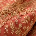 Close-up of embroidered coral silk fabric