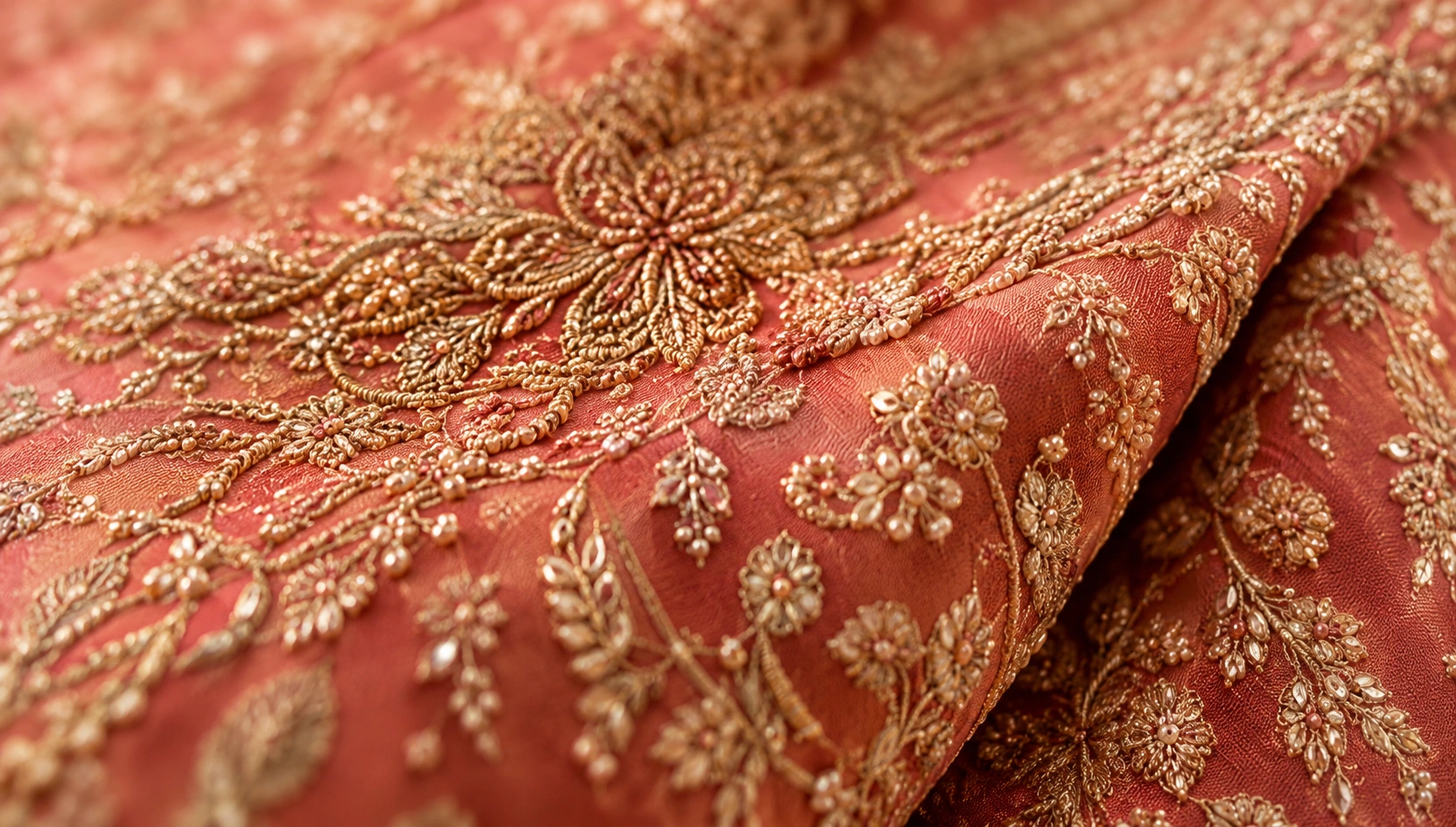 Close-up of embroidered coral silk fabric