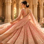Bride turning in a flowing peach embroidered lehenga
