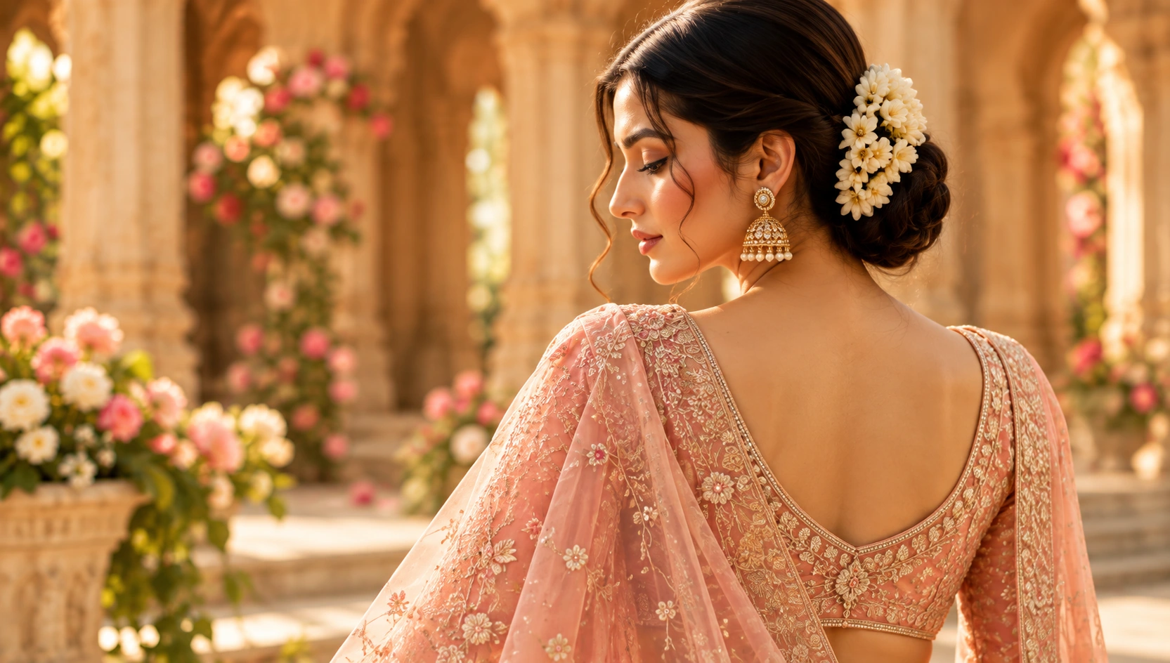 Bride with a jasmine-adorned bridal hairstyle
