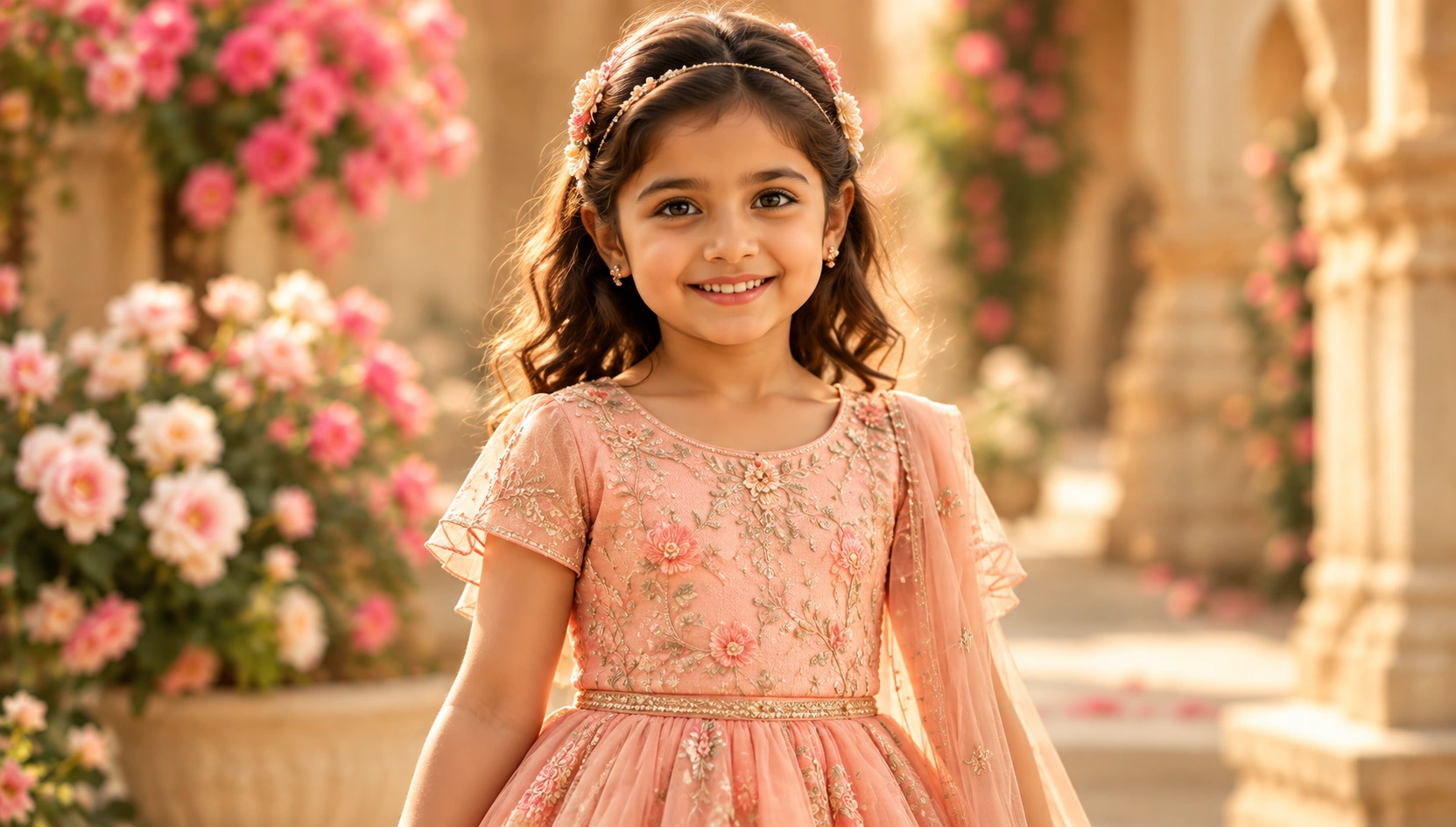 Smiling girl in a peach festive lehenga
