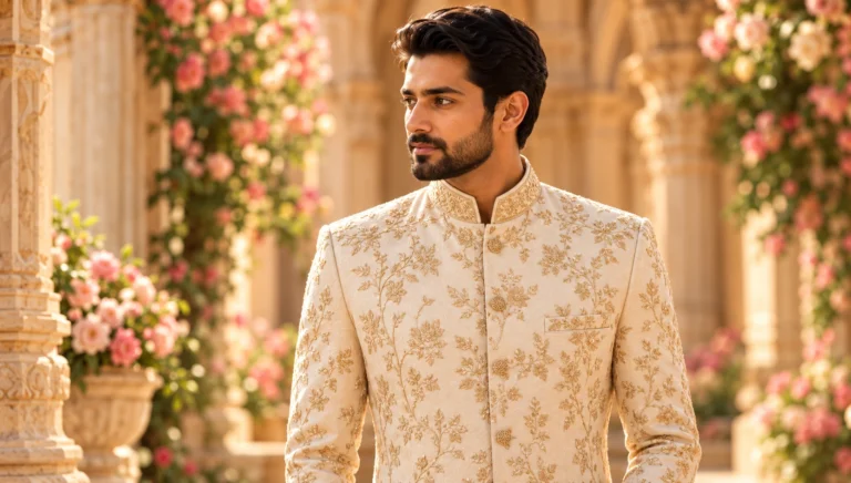 Groom in an embroidered ivory sherwani