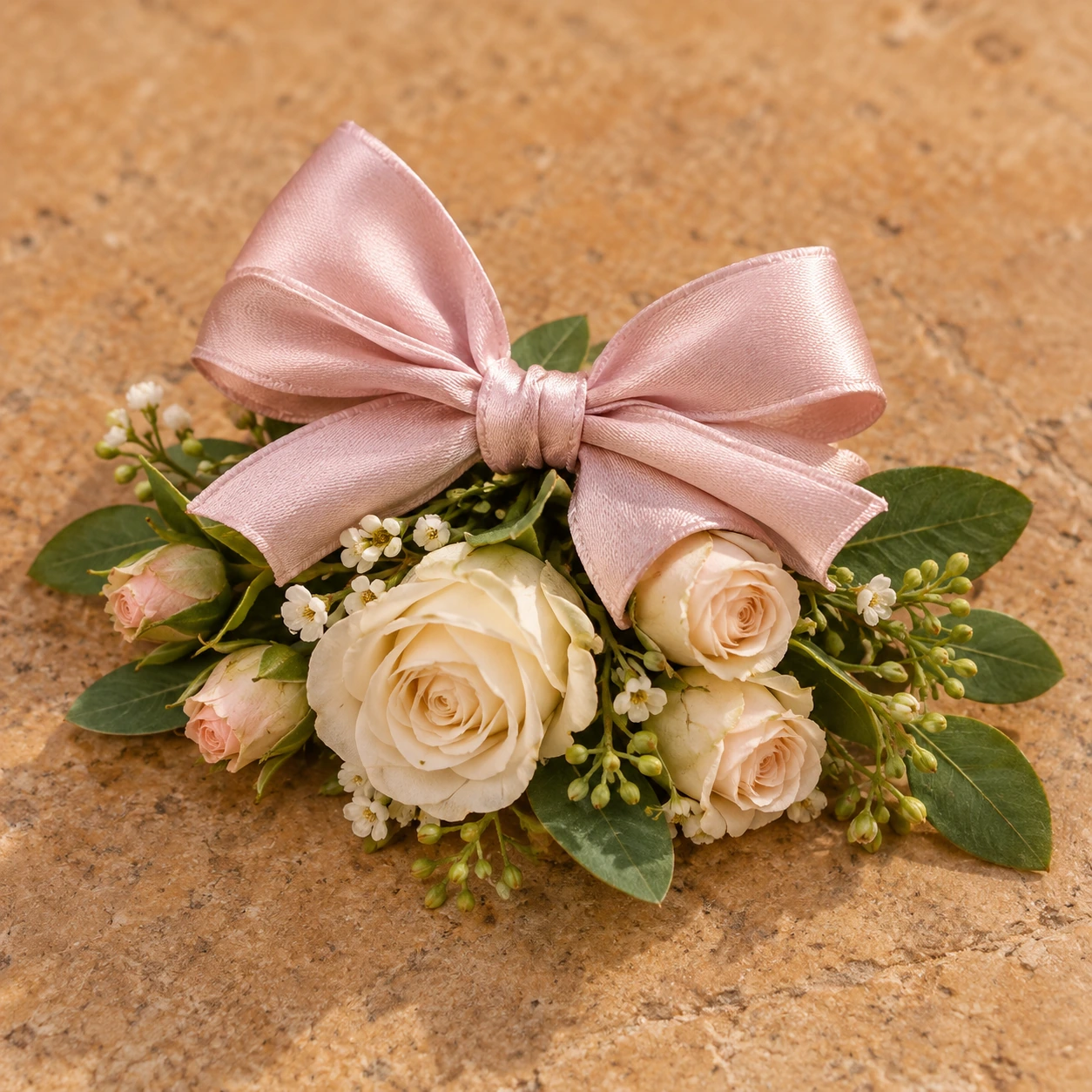 Blush silk bow, pocket square and ivory rose boutonniere
