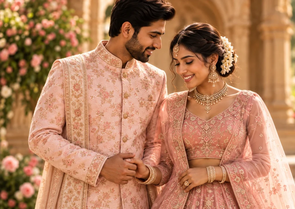 Blush Pink Couple Lehenga Set — blush organza lehenga with a coordinating kurta set