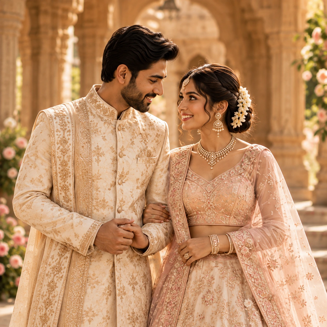 Wedding Couple category — couple in ivory and gold wedding occasionwear