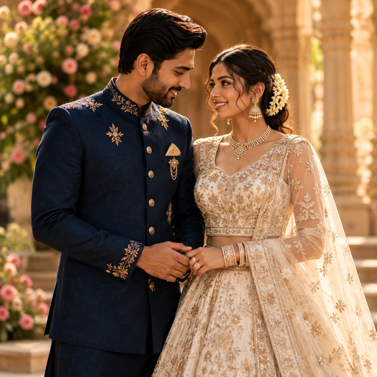 Couple in navy and ivory occasionwear