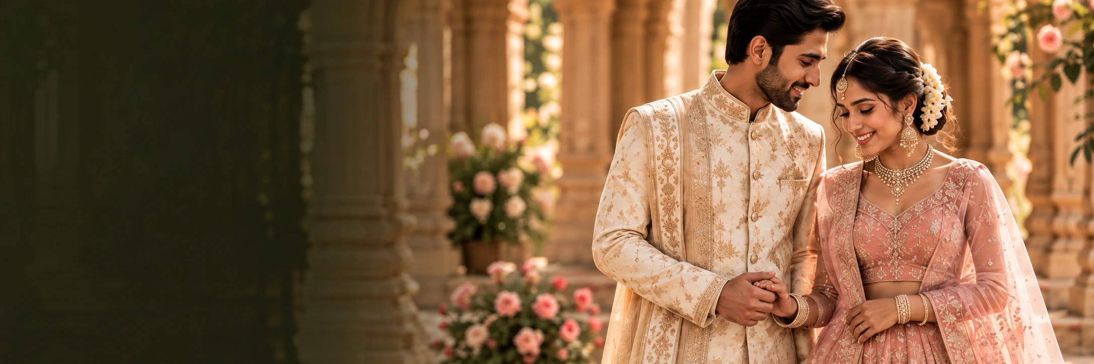 A couple in ivory and blush embroidered occasionwear in a sunlit palace courtyard