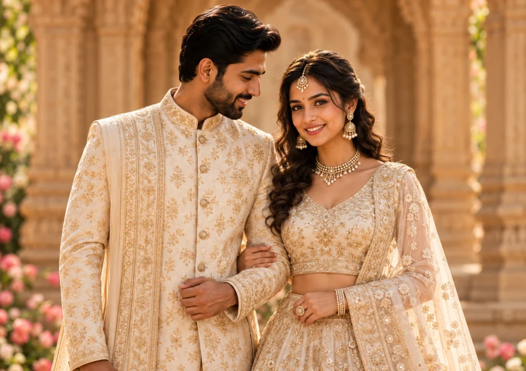 Royal Ivory Couple Set — ivory silk sherwani with a matching gold-embroidered lehenga