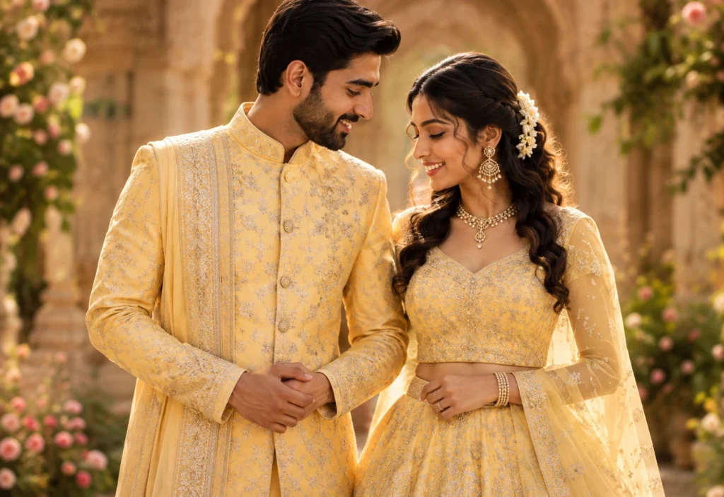 Pastel Yellow Couple Set — pastel yellow brocade couple outfits with gold motifs