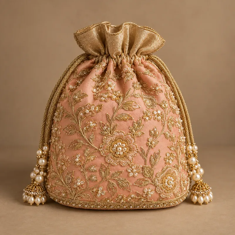 Peach embroidered potli bag with gold cord