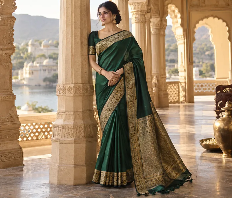 Emerald Silk Saree with a gold border
