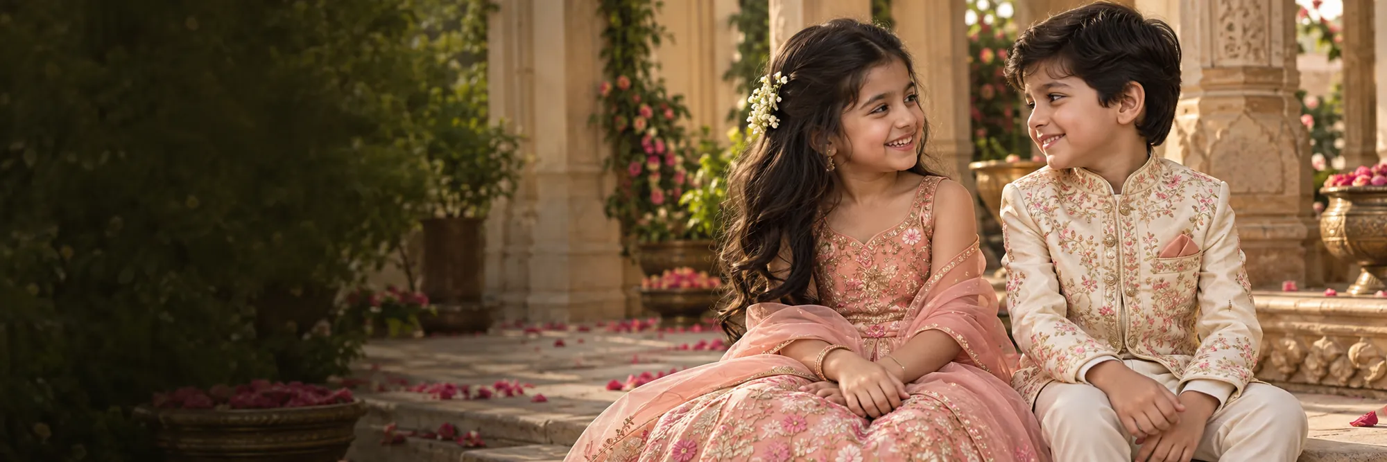 Two children in peach and ivory festive outfits smiling at each other in a palace garden