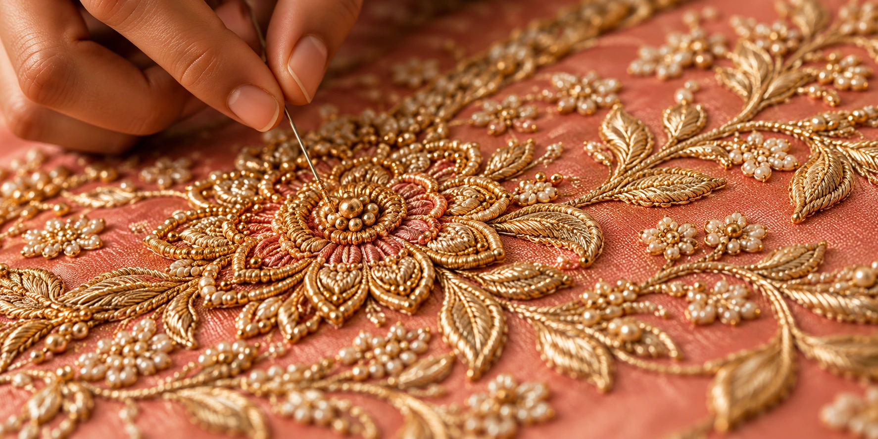 Artisan stitching gold embroidery onto peach silk