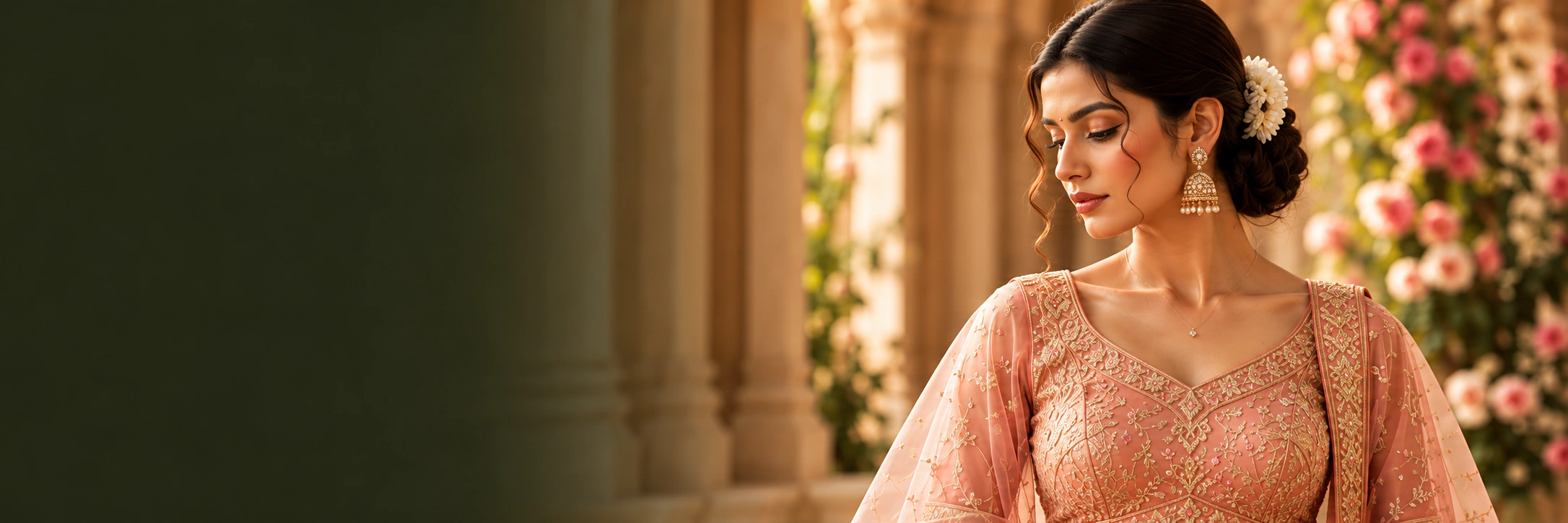 Indian bride in peach and gold couture in a sandstone palace