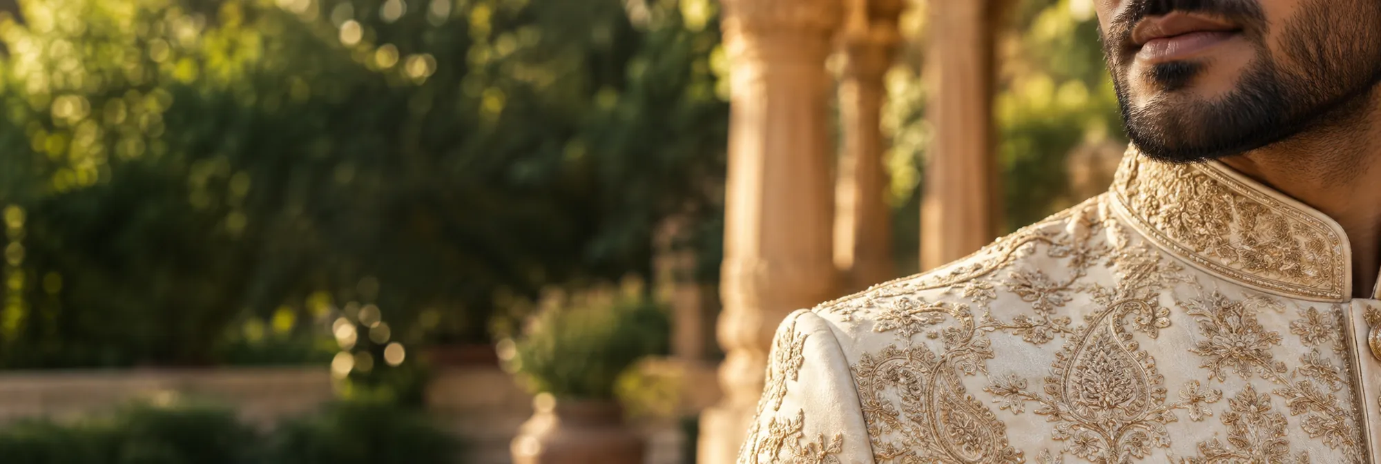 Gold embroidery on an ivory sherwani collar