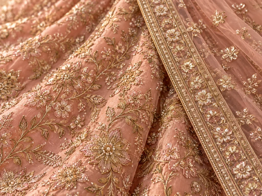 Gold floral hand embroidery on peach organza