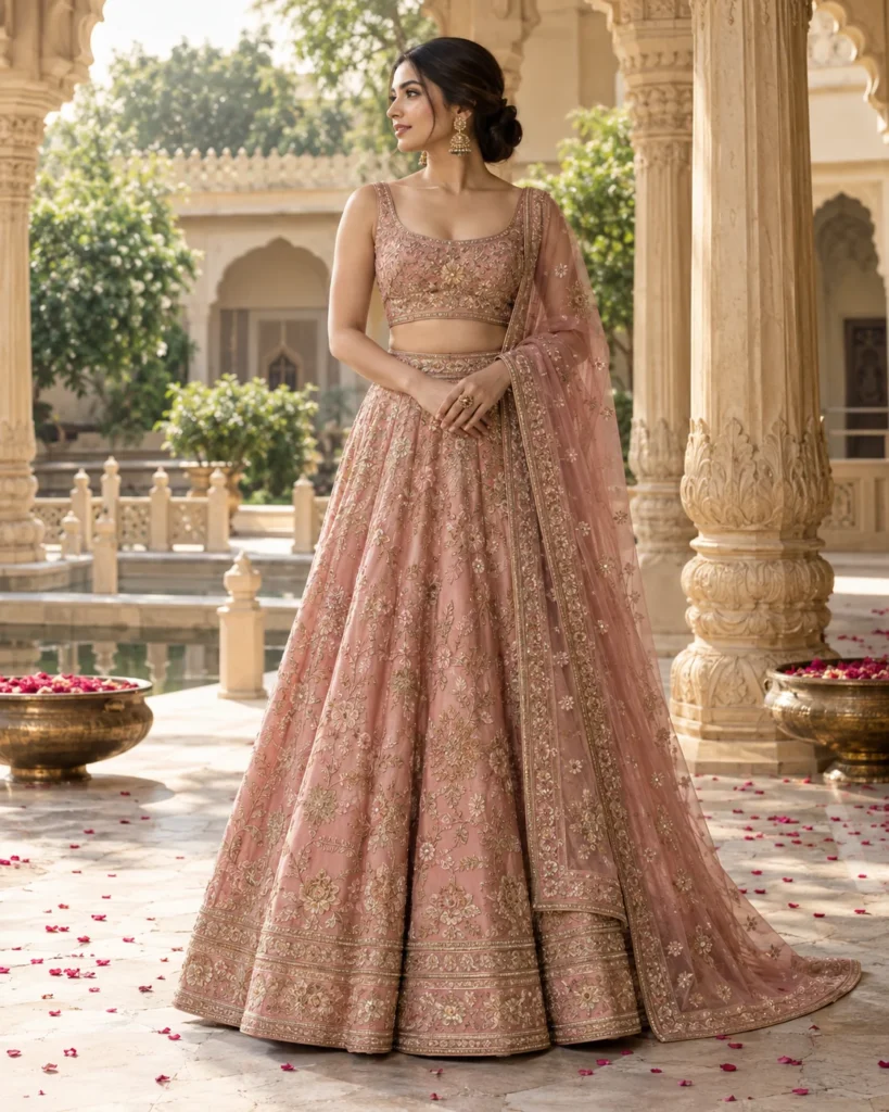 Peach handembroidered lehenga set, full-length view