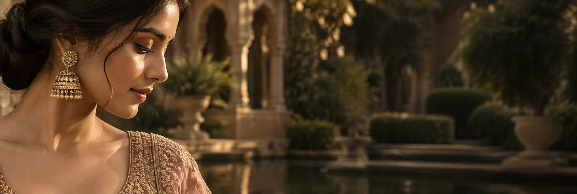 Woman wearing ornate gold jhumka earrings and peach couture