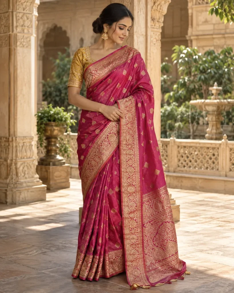 Deep pink Banarasi silk saree
