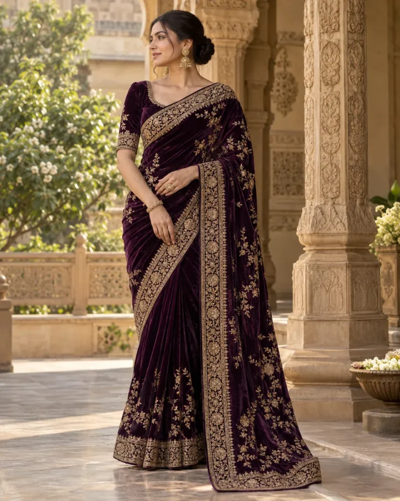 Plum velvet saree with gold border